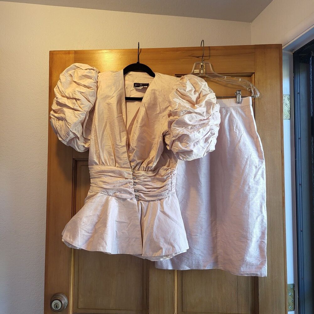 Saint Romei Rare Light Pink Silk Skirt Set with Puffy Sleeves Size 6